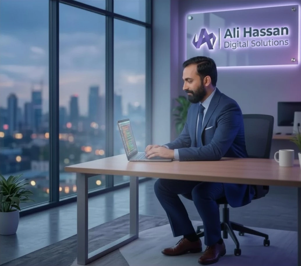 Ali Hassan, a technical WordPress and web infrastructure expert, coding on a laptop in a modern office.